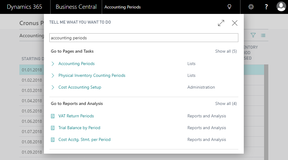 Screenshot of Business Central search bar showing results for accounting periods.