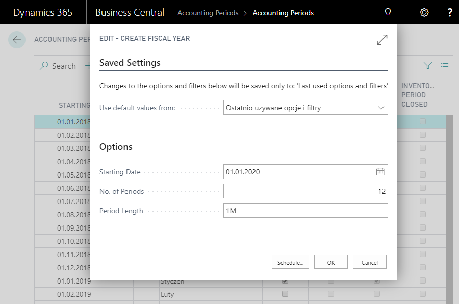 Screenshot of the Business Central Create Fiscal Year window with options for starting date, number of periods, and period length.