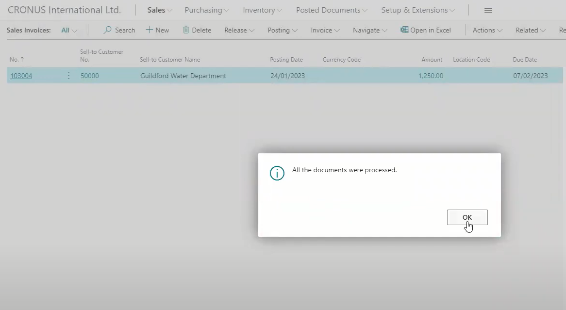 Screenshot of Business Central confirmation message showing all documents were processed.