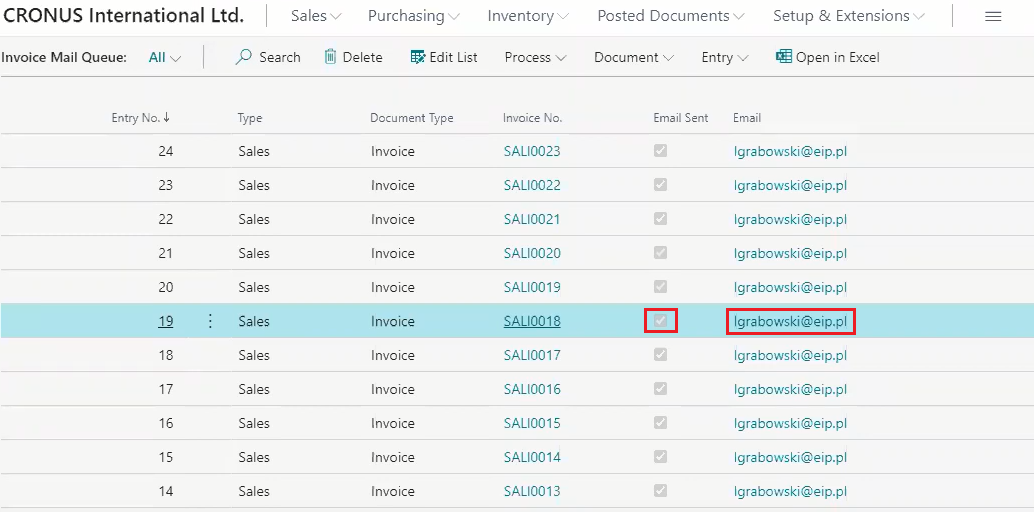 Screenshot of Business Central Invoice Mail Queue with a sent email marked for a specific invoice.