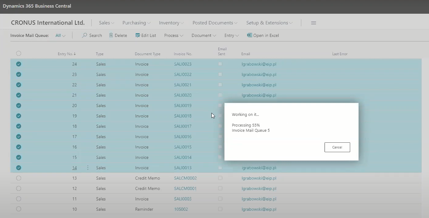 Screenshot of Business Central Invoice Mail Queue screen showing processing progress at 55%.