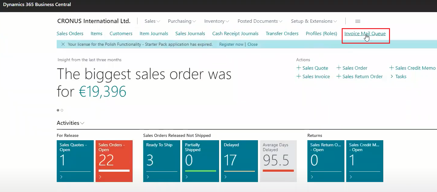 Screenshot of Business Central dashboard with the Invoice Mail Queue option highlighted.