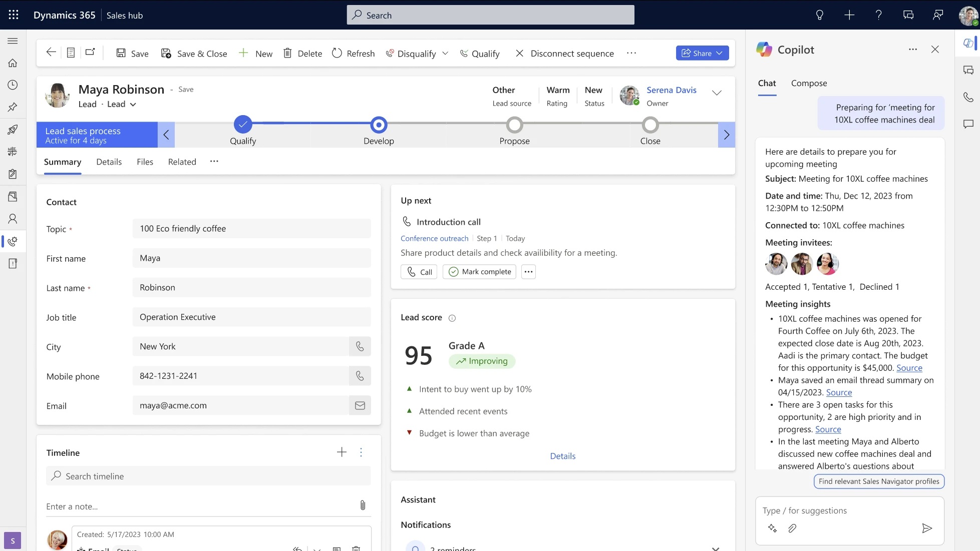 Screenshot of Dynamics 365 Sales showing a lead profile with Copilot sidebar providing meeting preparation details.