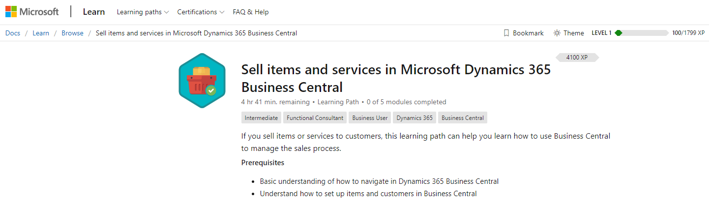 Screenshot of Microsoft Learn course on selling items and services in Dynamics 365 Business Central.