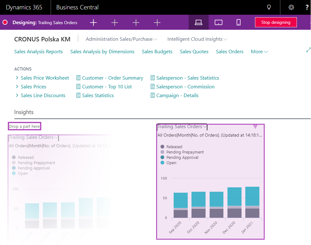 creenshot of Business Central in design mode on the Role Centre, highlighting an area to "Drop a part here" with a chart of trailing sales orders.