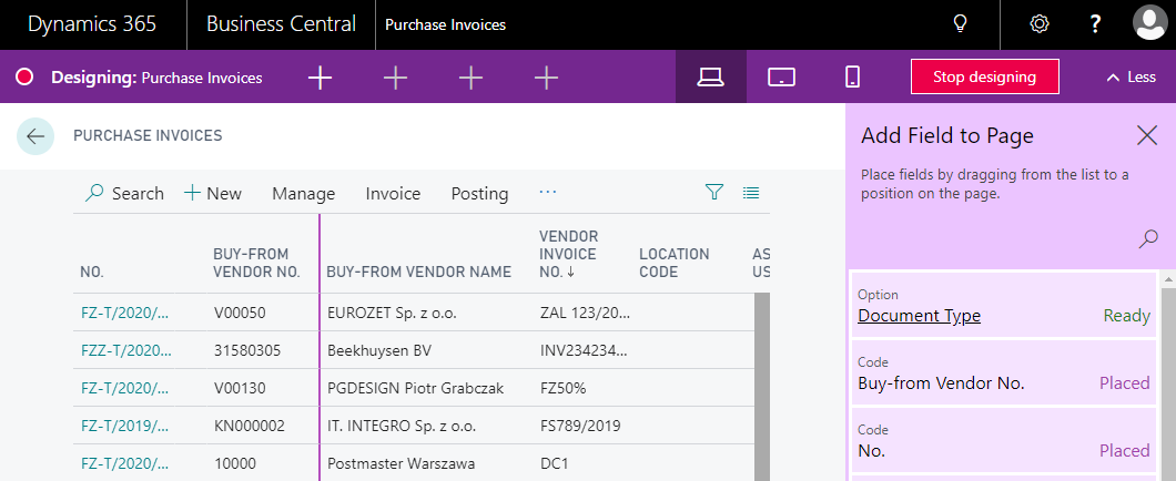 Screenshot of Business Central in design mode with the "Add Field to Page" panel open.
