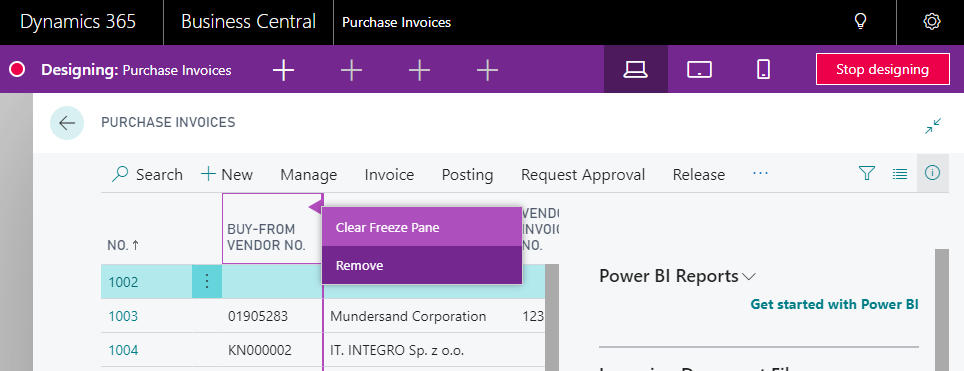Screenshot of Business Central in design mode with a column menu open, showing options to "Clear Freeze Pane" or "Remove".