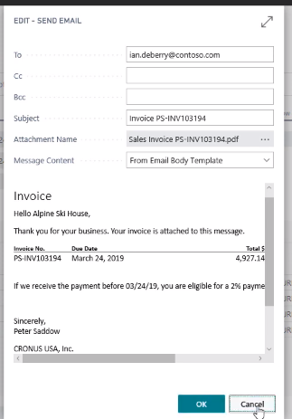 Screenshot of “Send Email” window in Business Central showing email details with an attached sales invoice PDF and preview of invoice message.