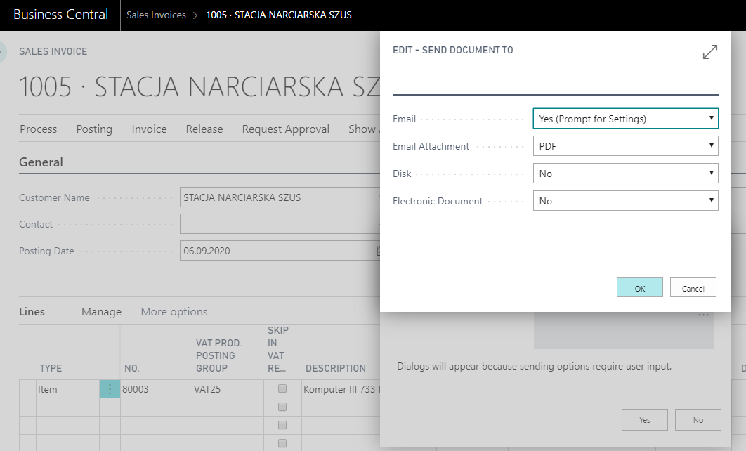 Screenshot of “Send Document To” pop-up in Business Central.