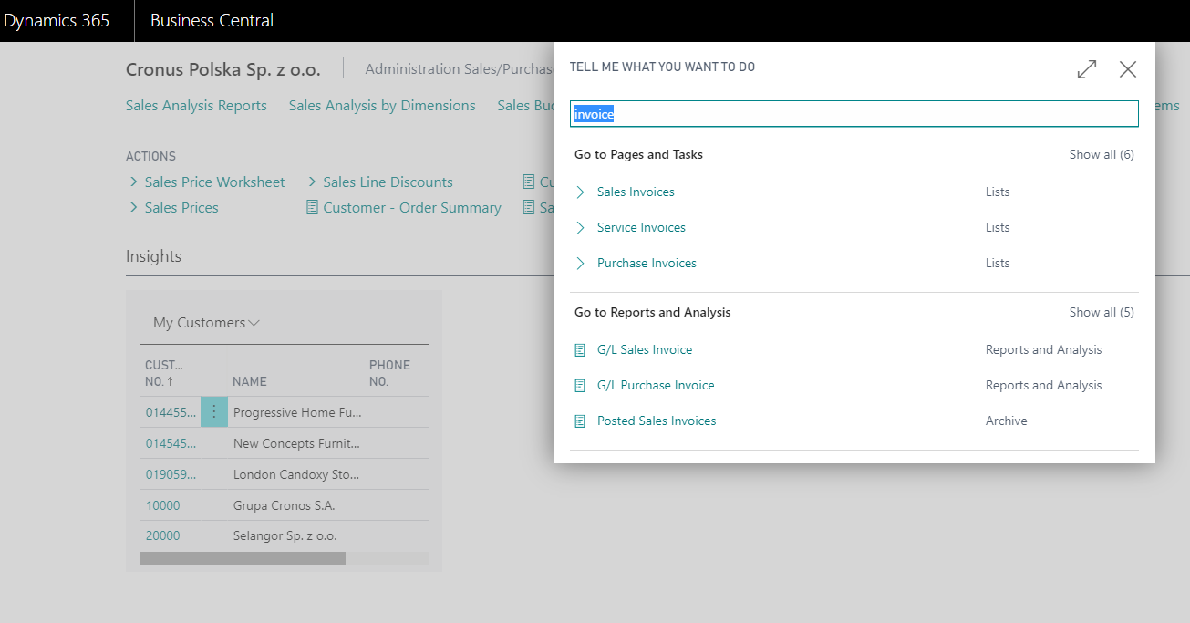 Screenshot of Business Central search box showing results for “invoice” including Sales Invoices, Service Invoices, and Purchase Invoices.