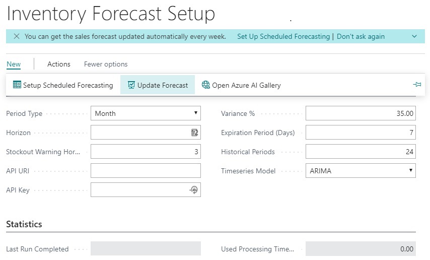Screenshot of the Inventory Forecast Setup page in Business Central.