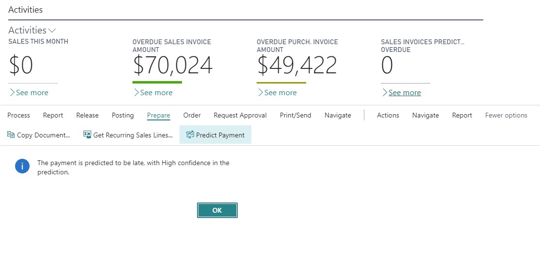 Screenshot from Business Central showing the Late Payment Prediction feature.