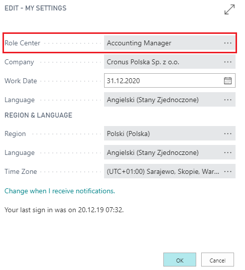 Screenshot of Business Central user settings showing the selected role center as Accounting Manager.