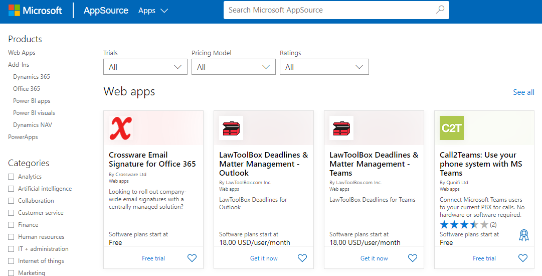 Screenshot of Microsoft AppSource showing web apps like Crossware Email Signature, LawToolBox for Outlook and Teams, and Call2Teams.