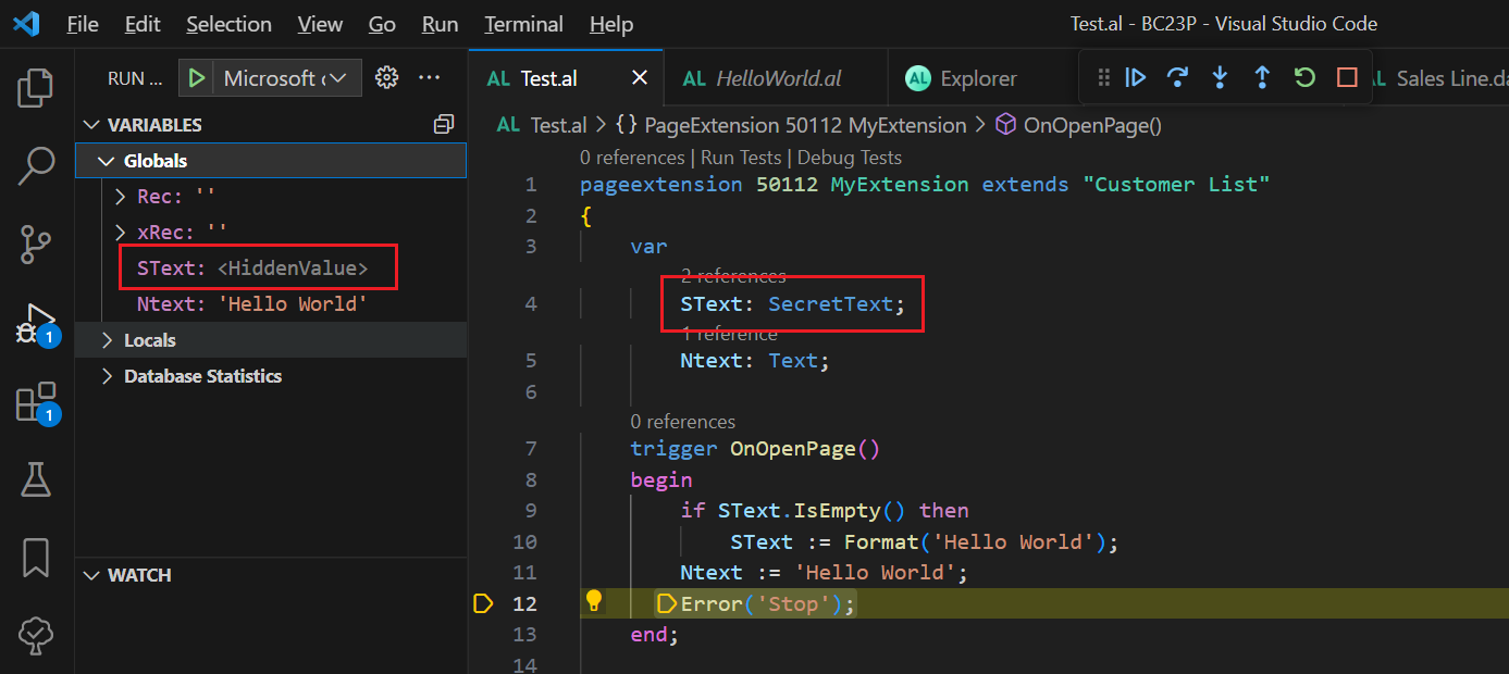 Screenshot of AL code showing SecureText variable.