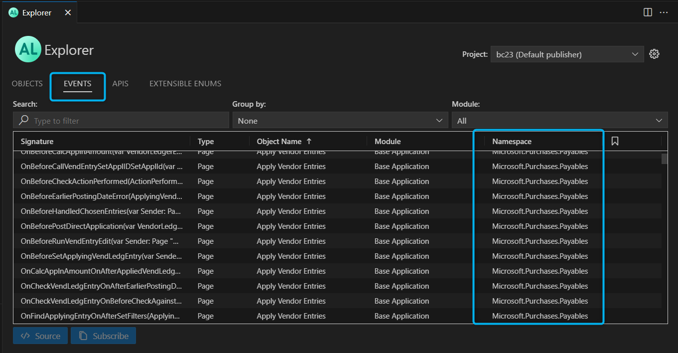 Screenshot of AL Explorer Namespaces – Events tab showing namespaces for vendor entry objects.