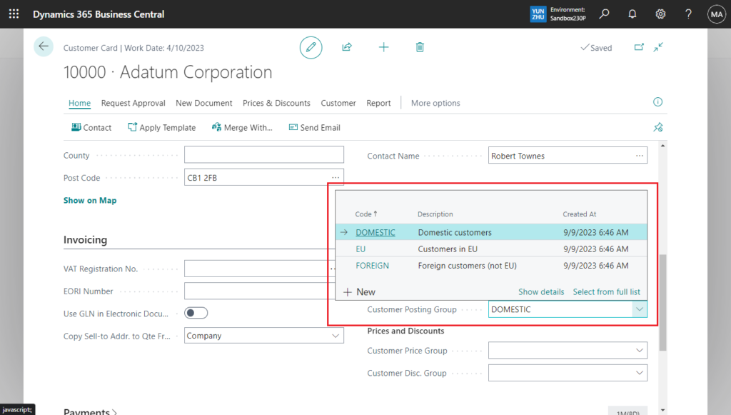 Screenshot of Business Central customer card with Customer Posting Group dropdown.