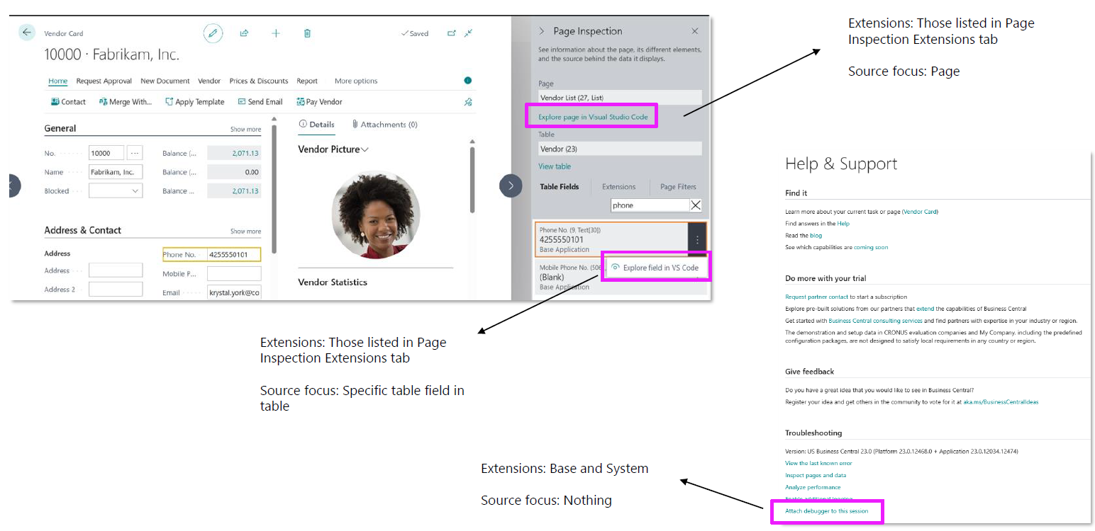 Screenshot of Business Central vendor card with page inspection pane open.