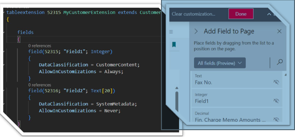 Screenshot of AL code and Business Central page customization showing AllowInCustomizations set to Always and Never.