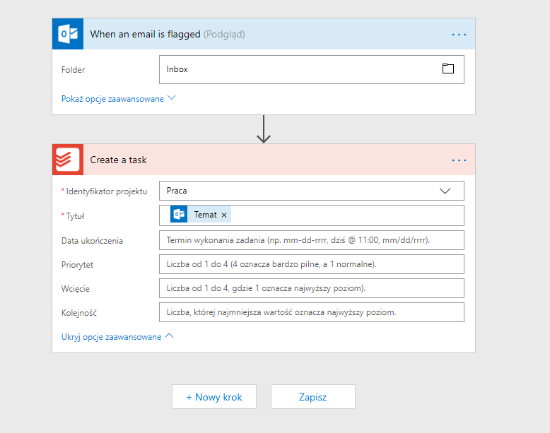 Flow editor showing a workflow that creates a Todoist task.