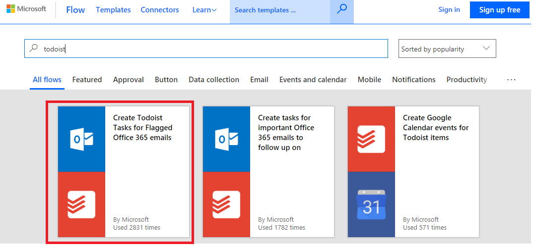 Microsoft Flow template search with Todoist integration options for task creation.
