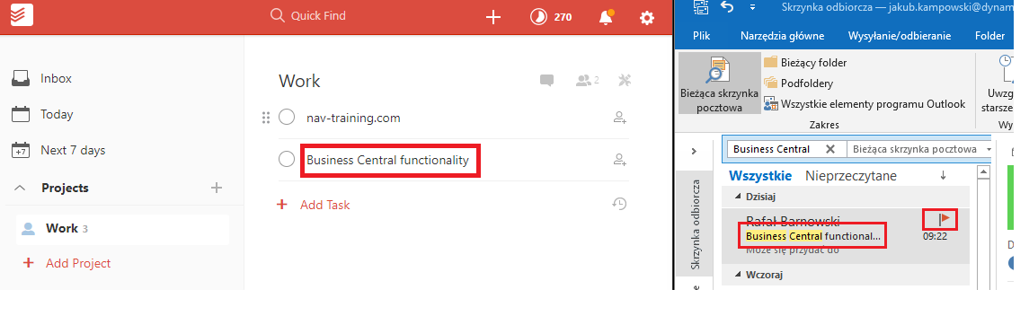 Screenshot of Todoist project view with a task named "Business Central functionality" and Outlook inbox showing the related email.