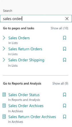 Screenshot of Business Central mobile app search results showing options for sales orders.