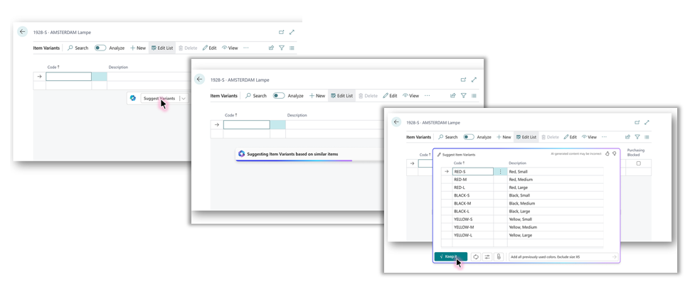 Screenshot of Business Central suggesting item units of measure, variants, substitutions, and dimensions.