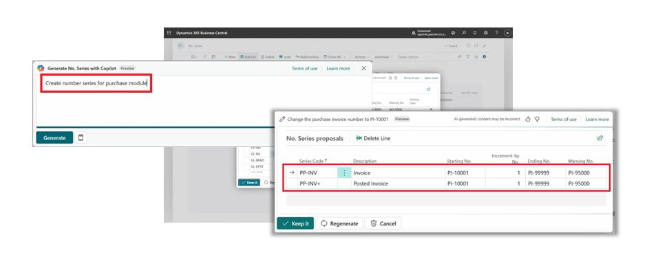 Screenshot of Business Central Copilot generating number series for purchases.