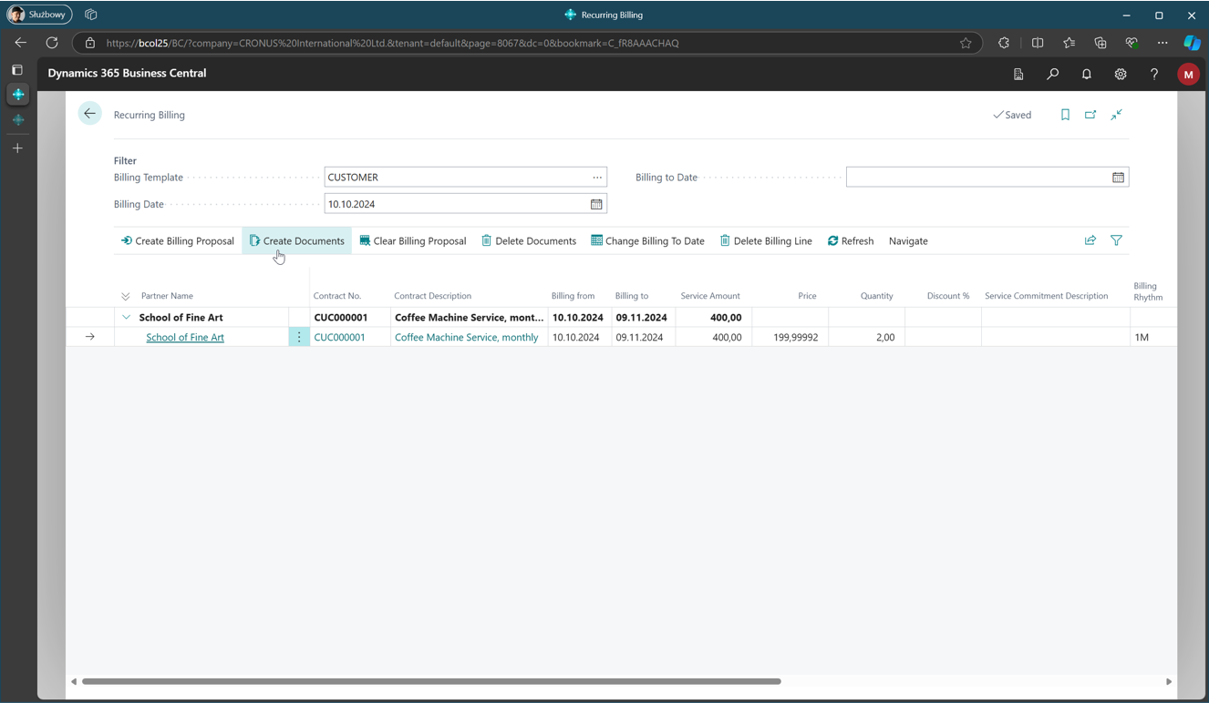 Screenshot of Business Central Recurring Billing setup.