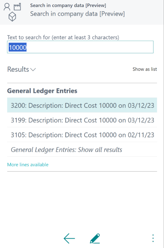 Screenshot of Business Central mobile app search for “10000” displaying general ledger entry results.
