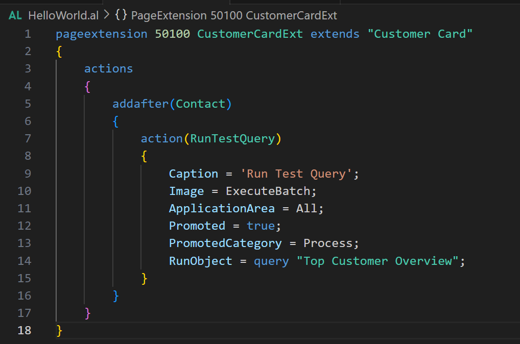 Screenshot of AL code showing a page extension adding a query action with RunObject property for ad hoc analysis.