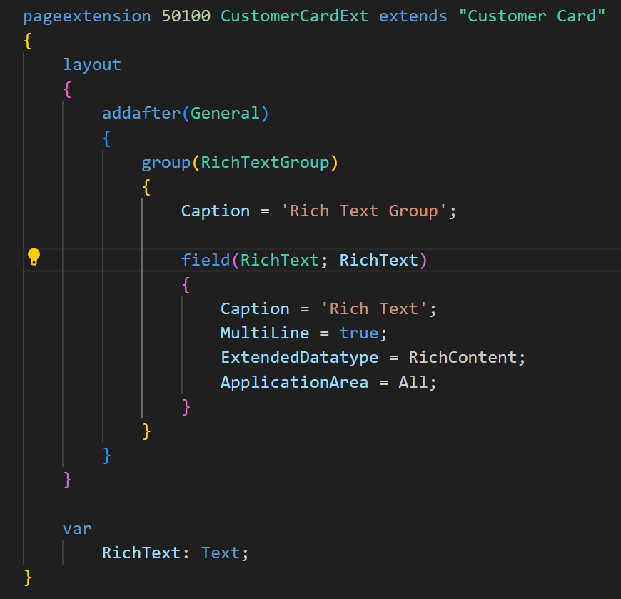 Screenshot of AL code adding a Rich Text field to the Customer Card using the RichContent datatype.