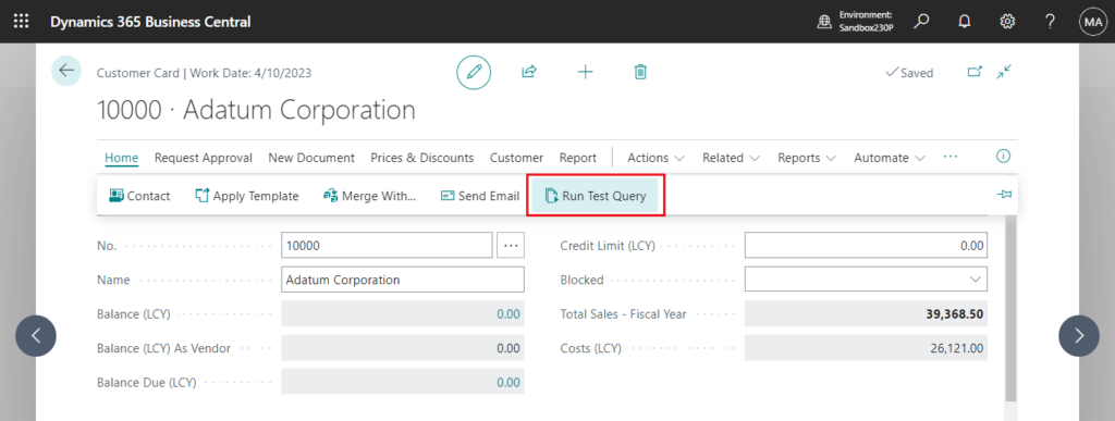 Screenshot of Business Central customer card with a Run Test Query action button highlighted.