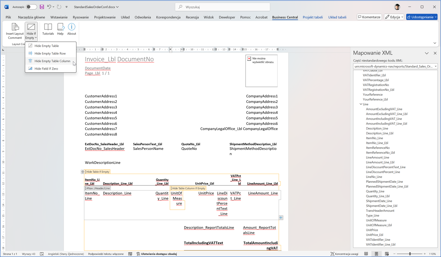 Screenshot of Business Central Word layout editor.