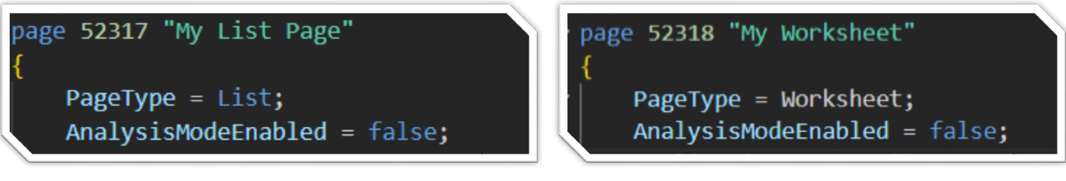 Screenshot of AL code showing list and worksheet pages with AnalysisMode disabled.