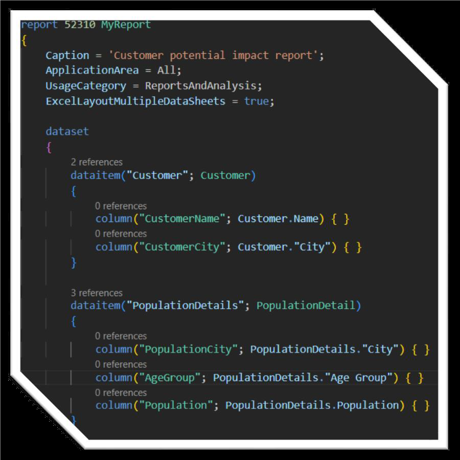Screenshot of AL report code with ExcelLayoutMultipleDataSheets enabled for multiple Excel sheets.
