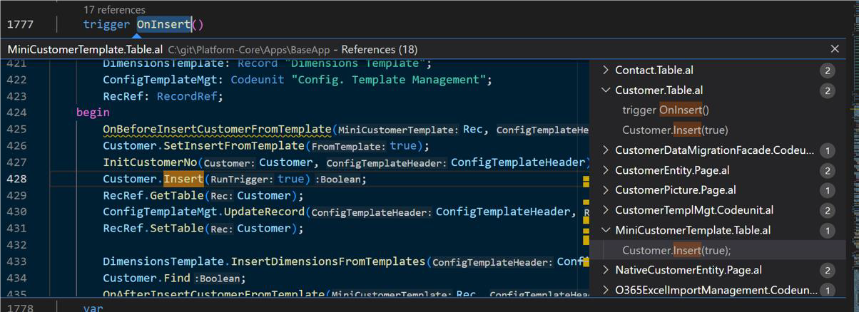 Screenshot of AL code editor showing all references to the OnInsert trigger.