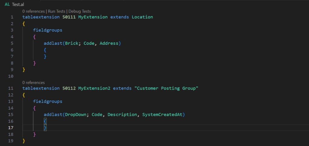 Screenshot of AL table extension adding fields with fieldgroups.