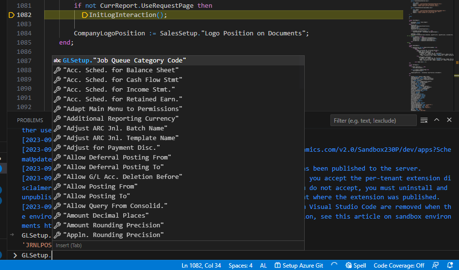Screenshot of AL debugger console with IntelliSense suggestions.
