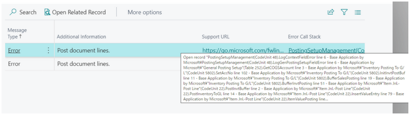 Screenshot of Business Central error log with support link and call stack.