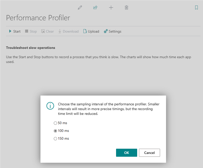 Screenshot of Performance Profiler with new sampling interval options.