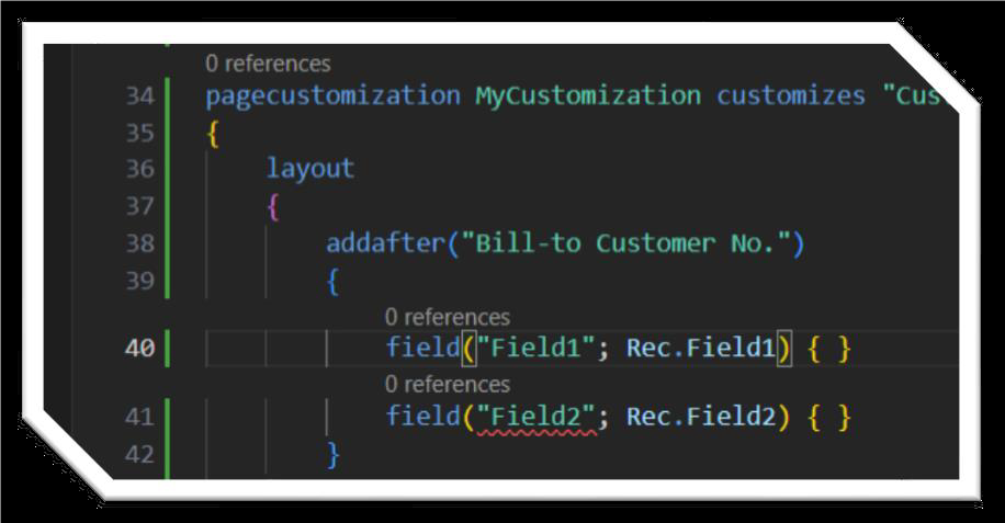 Screenshot of AL page customization code adding custom fields after “Bill-to Customer No.” in Business Central.