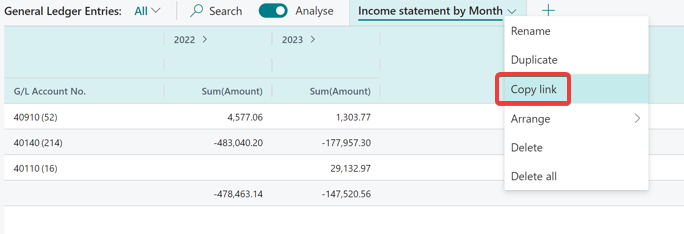 Screenshot of Business Central General Ledger Entries by month with copy link option highlighted.