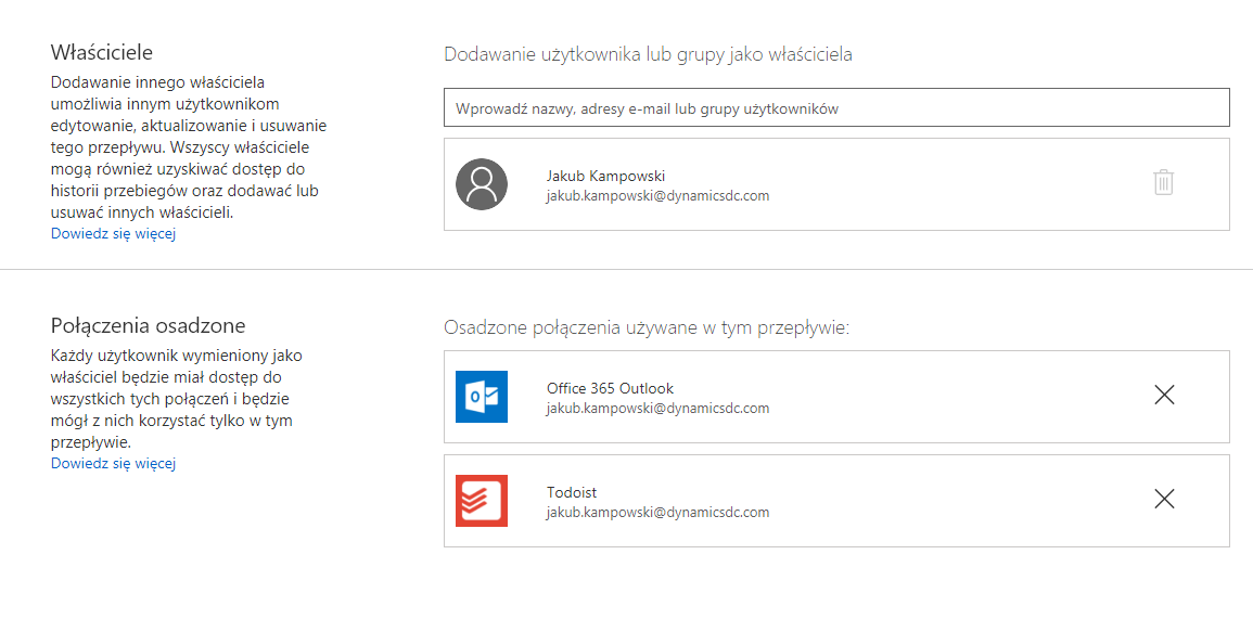 Microsoft Flow settings showing owner information and connected services Office 365 Outlook and Todoist.