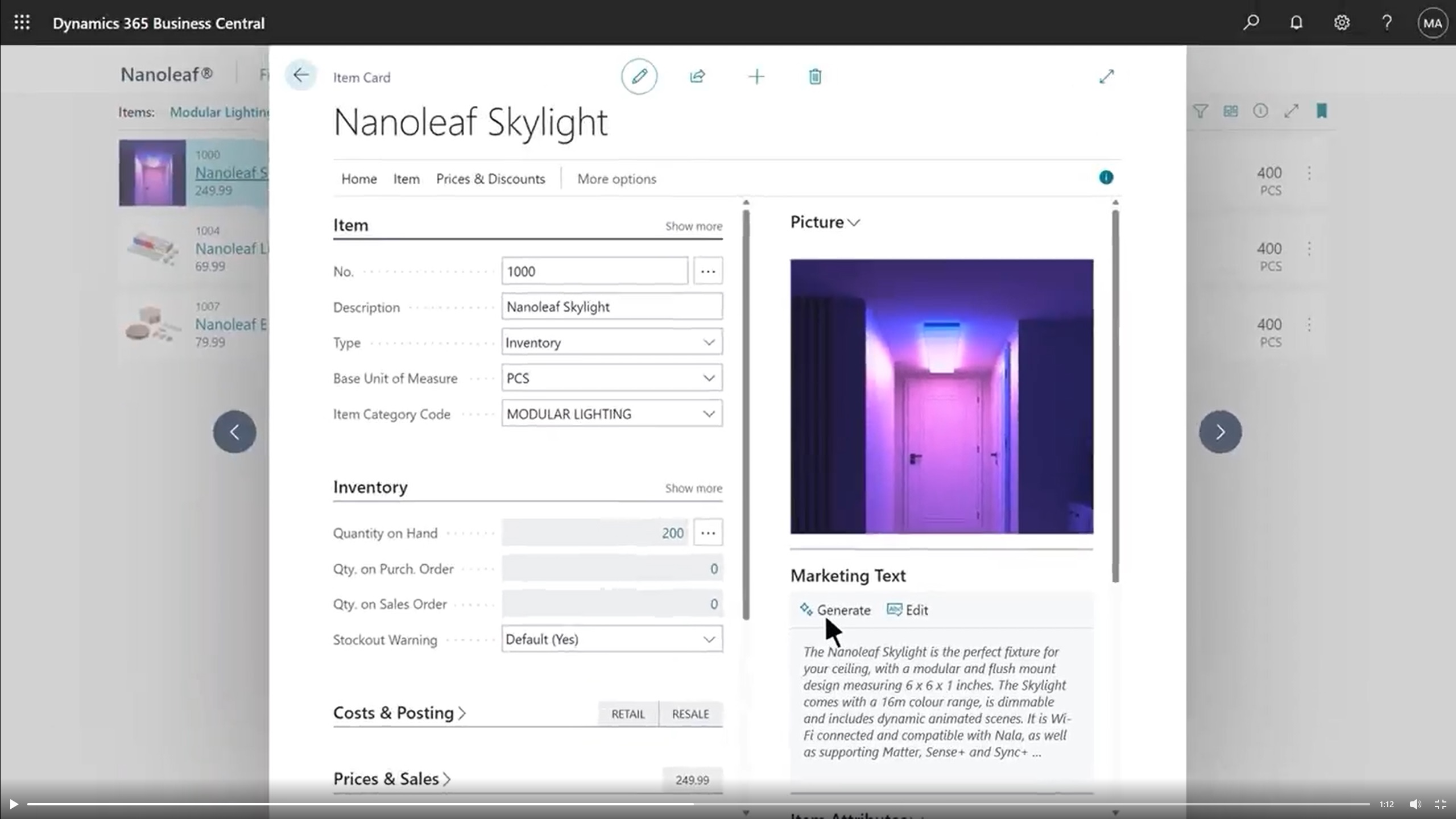 Screenshot of an item card in Business Central showing item details, picture, and AI-generated marketing text for a product.