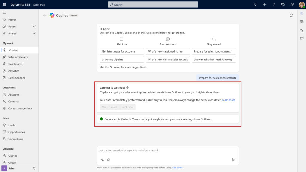 Screenshot of Dynamics 365 Sales Copilot setup showing connection to Outlook for syncing meetings and emails.