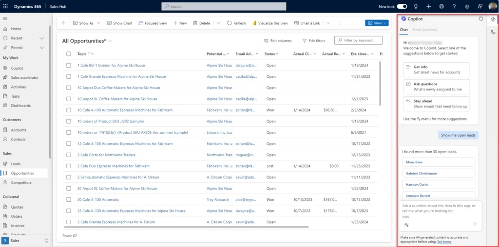 Screenshot of Dynamics 365 Sales opportunities list with Copilot sidebar.