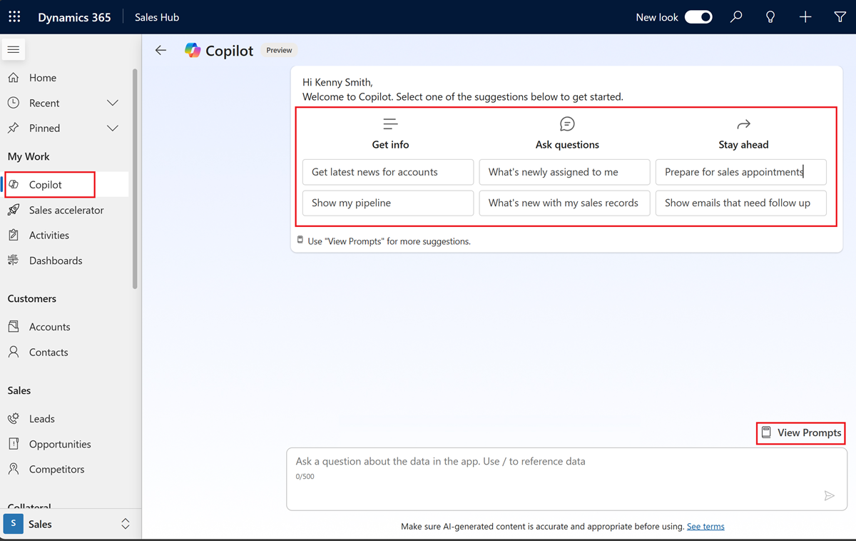 Screenshot of Dynamics 365 Sales Copilot dashboard.