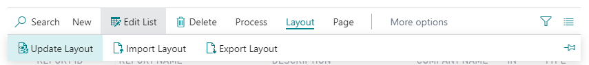 Screenshot of Business Central menu showing options to update, import, or export report layouts.